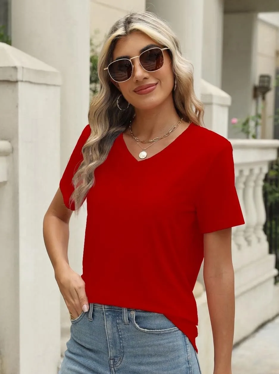 100% Cotton V Neck Short Sleeve T Shirts for Women, Plain T-Shirt，Basic Tees