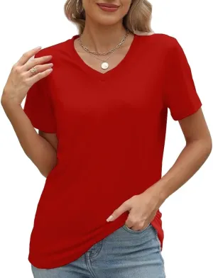 100% Cotton V Neck Short Sleeve T Shirts for Women, Plain T-Shirt，Basic Tees