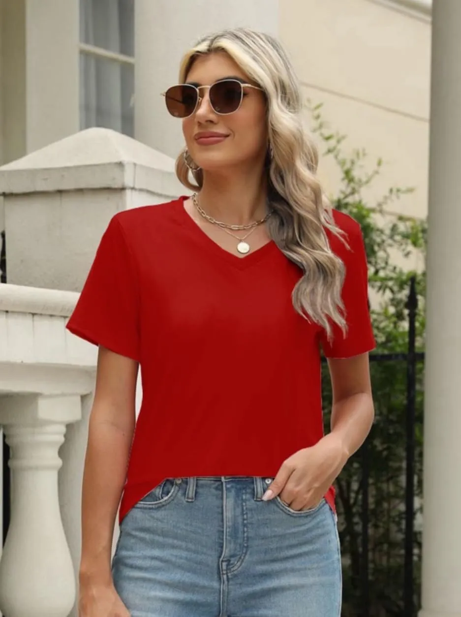 100% Cotton V Neck Short Sleeve T Shirts for Women, Plain T-Shirt，Basic Tees