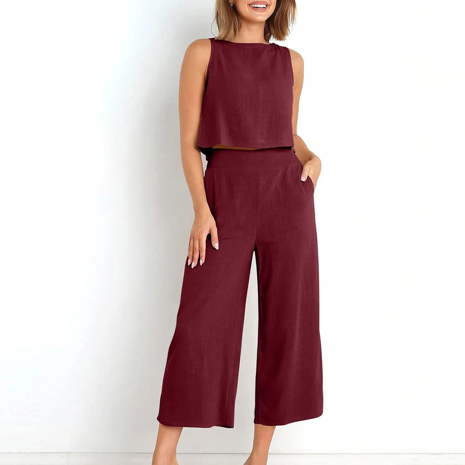2 Piece Outfits for Women Summer Casual Tanks Cotton Linen Crop Tops w Wide Leg Pants Linen Trousers Fashion Clothes