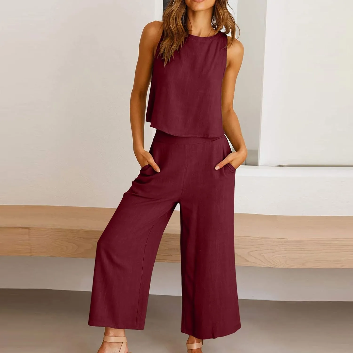 2 Piece Outfits for Women Summer Casual Tanks Cotton Linen Crop Tops w Wide Leg Pants Linen Trousers Fashion Clothes