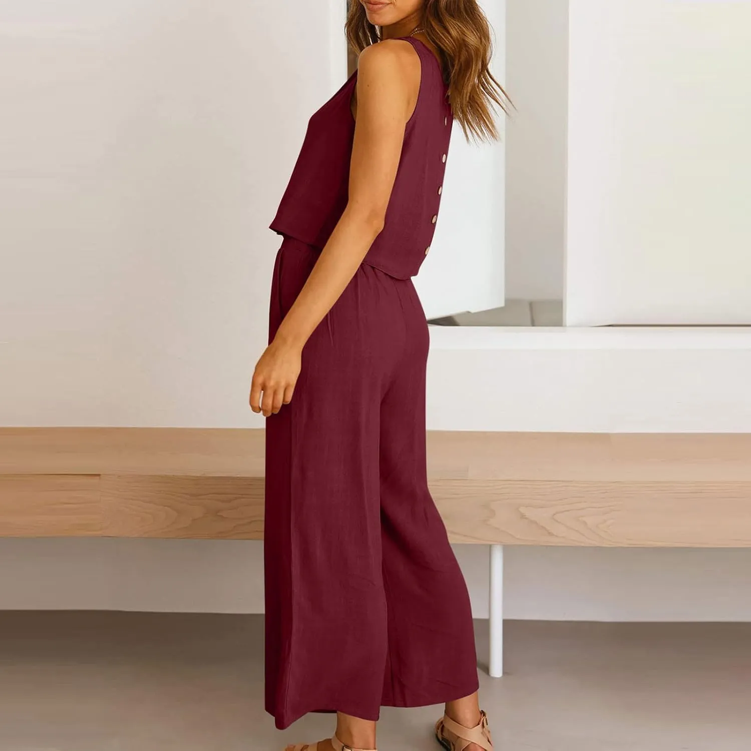 2 Piece Outfits for Women Summer Casual Tanks Cotton Linen Crop Tops w Wide Leg Pants Linen Trousers Fashion Clothes
