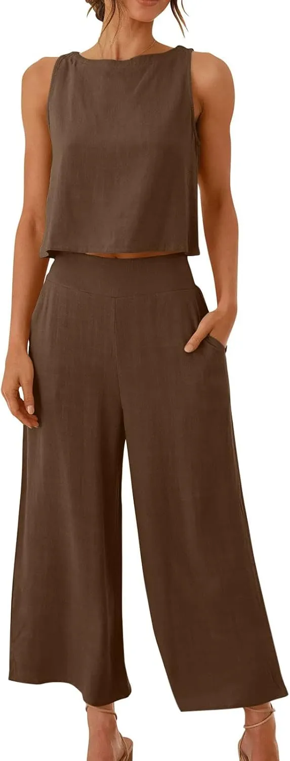 2 Piece Outfits for Women Summer Casual Tanks Cotton Linen Crop Tops w Wide Leg Pants Linen Trousers Fashion Clothes