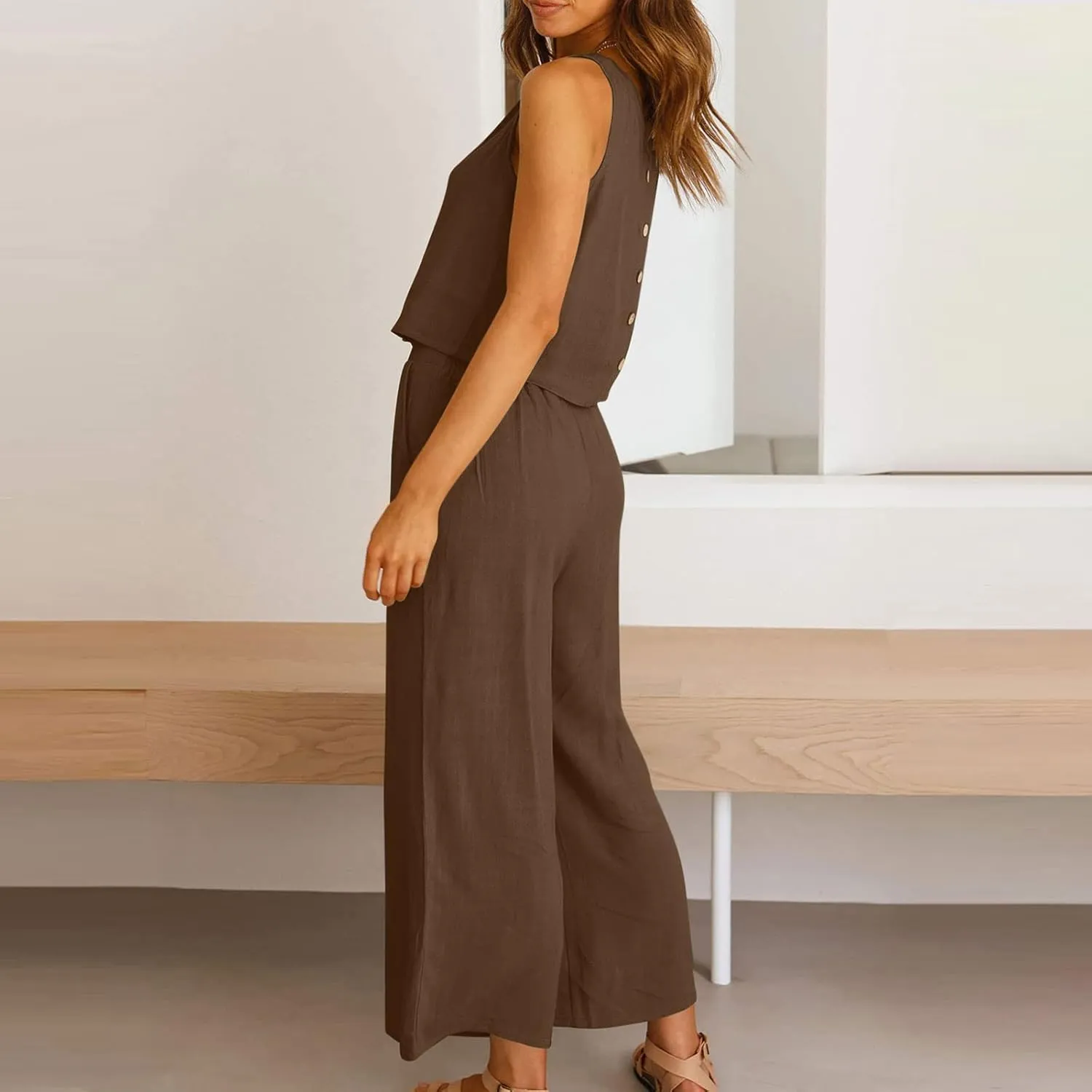 2 Piece Outfits for Women Summer Casual Tanks Cotton Linen Crop Tops w Wide Leg Pants Linen Trousers Fashion Clothes