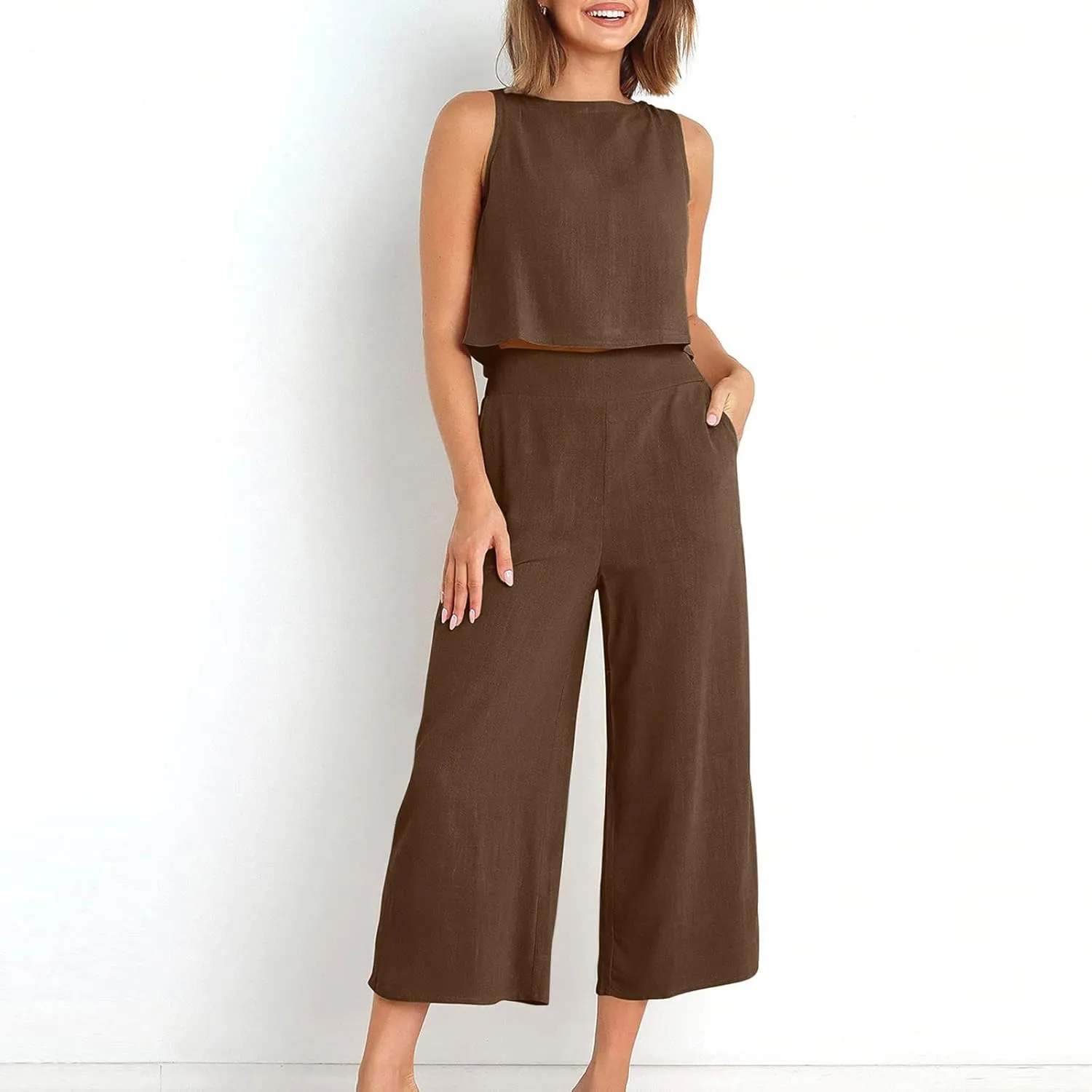 2 Piece Outfits for Women Summer Casual Tanks Cotton Linen Crop Tops w Wide Leg Pants Linen Trousers Fashion Clothes