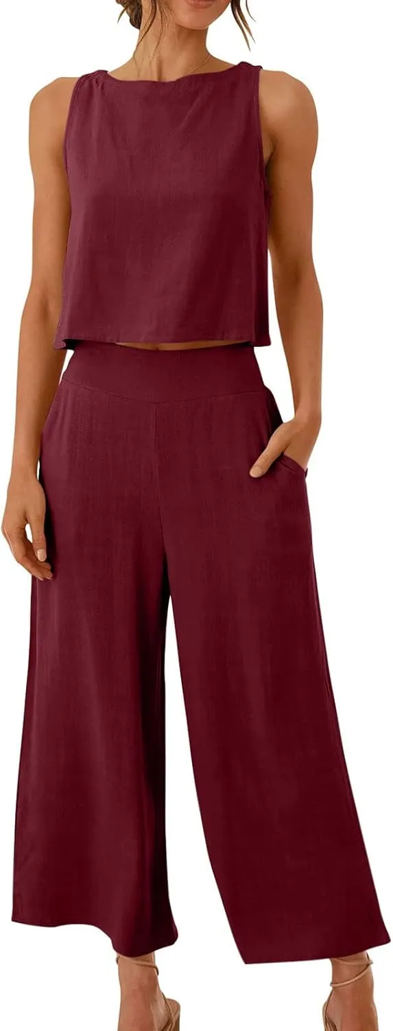 2 Piece Outfits for Women Summer Casual Tanks Cotton Linen Crop Tops w Wide Leg Pants Linen Trousers Fashion Clothes