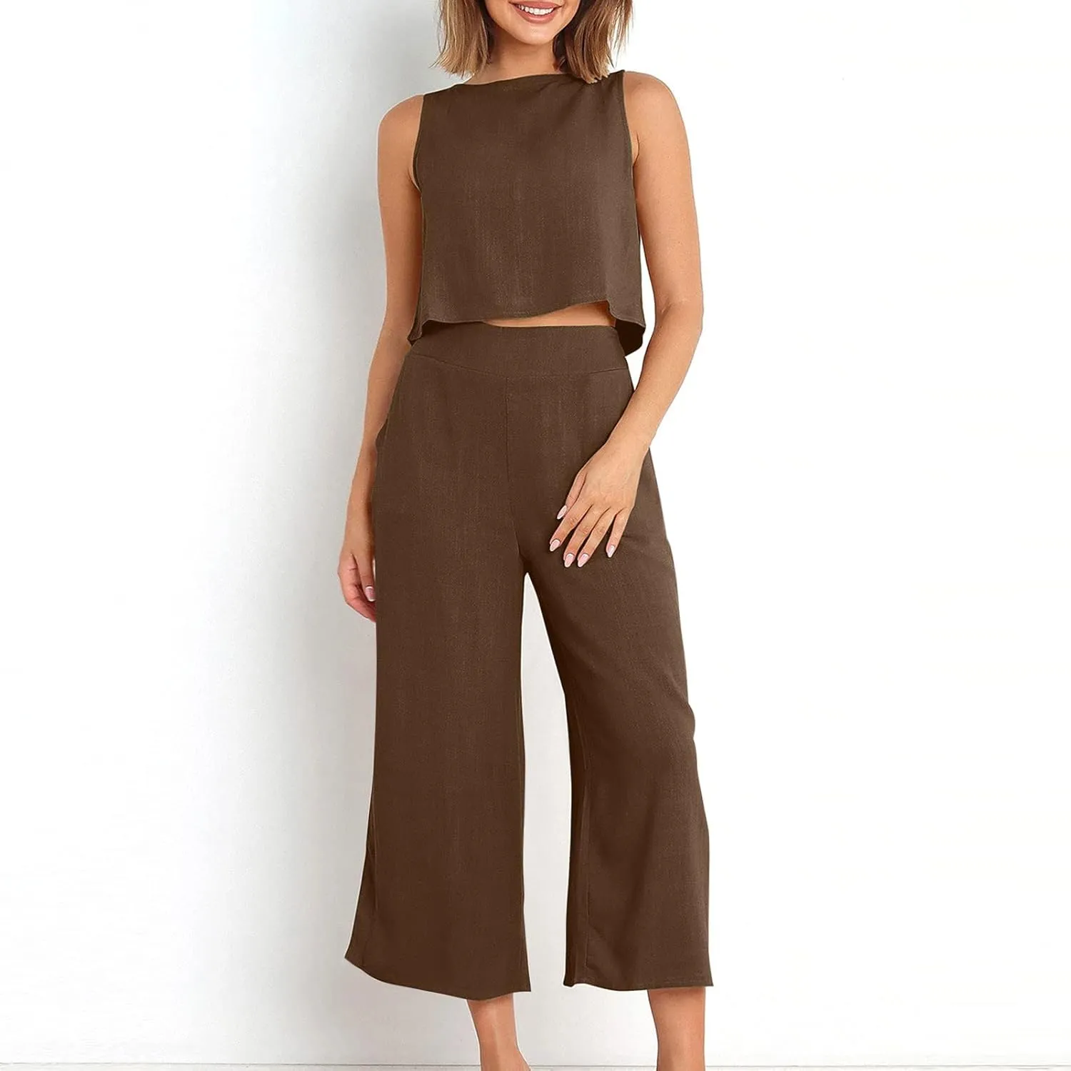 2 Piece Outfits for Women Summer Casual Tanks Cotton Linen Crop Tops w Wide Leg Pants Linen Trousers Fashion Clothes