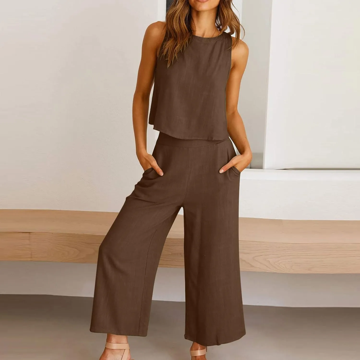 2 Piece Outfits for Women Summer Casual Tanks Cotton Linen Crop Tops w Wide Leg Pants Linen Trousers Fashion Clothes
