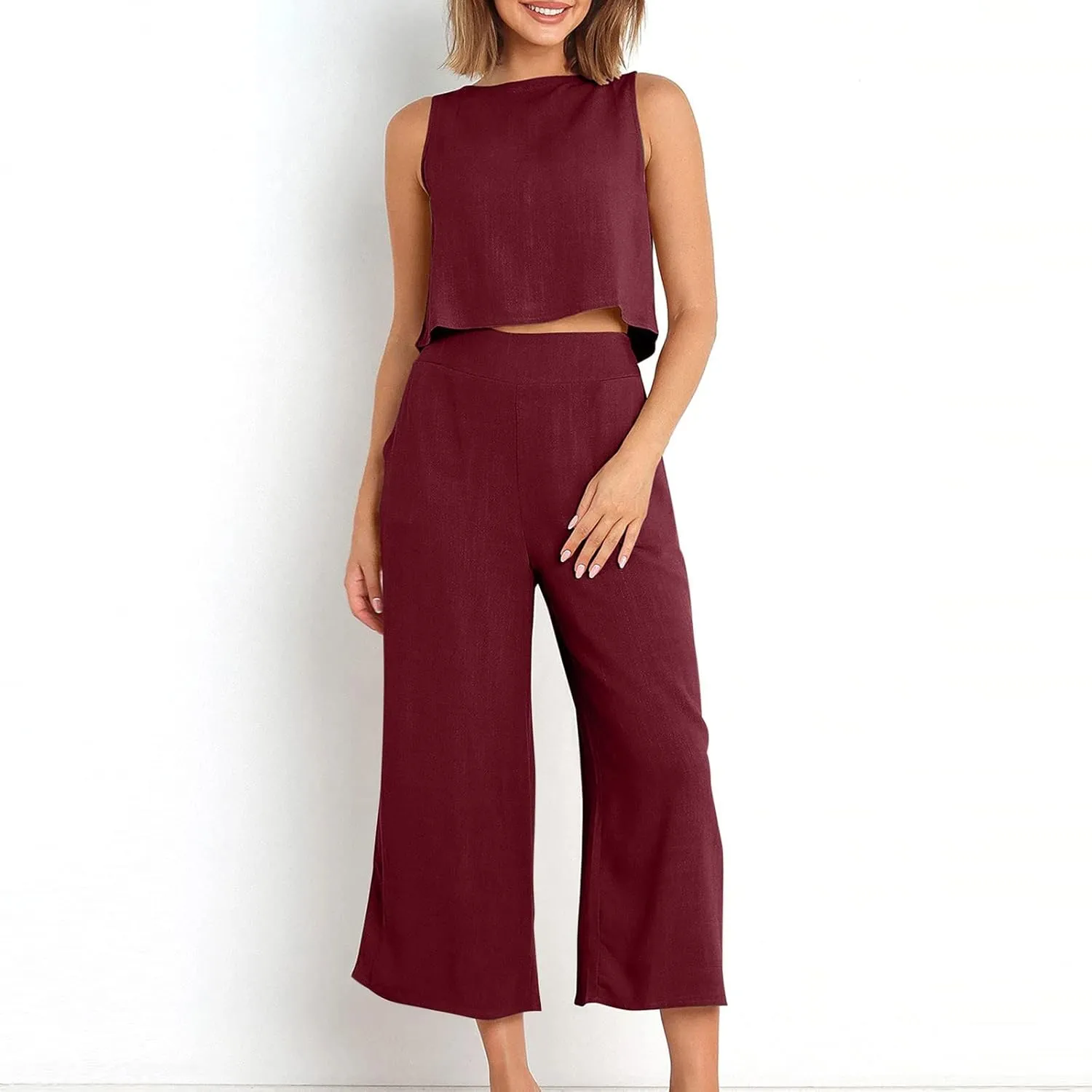 2 Piece Outfits for Women Summer Casual Tanks Cotton Linen Crop Tops w Wide Leg Pants Linen Trousers Fashion Clothes