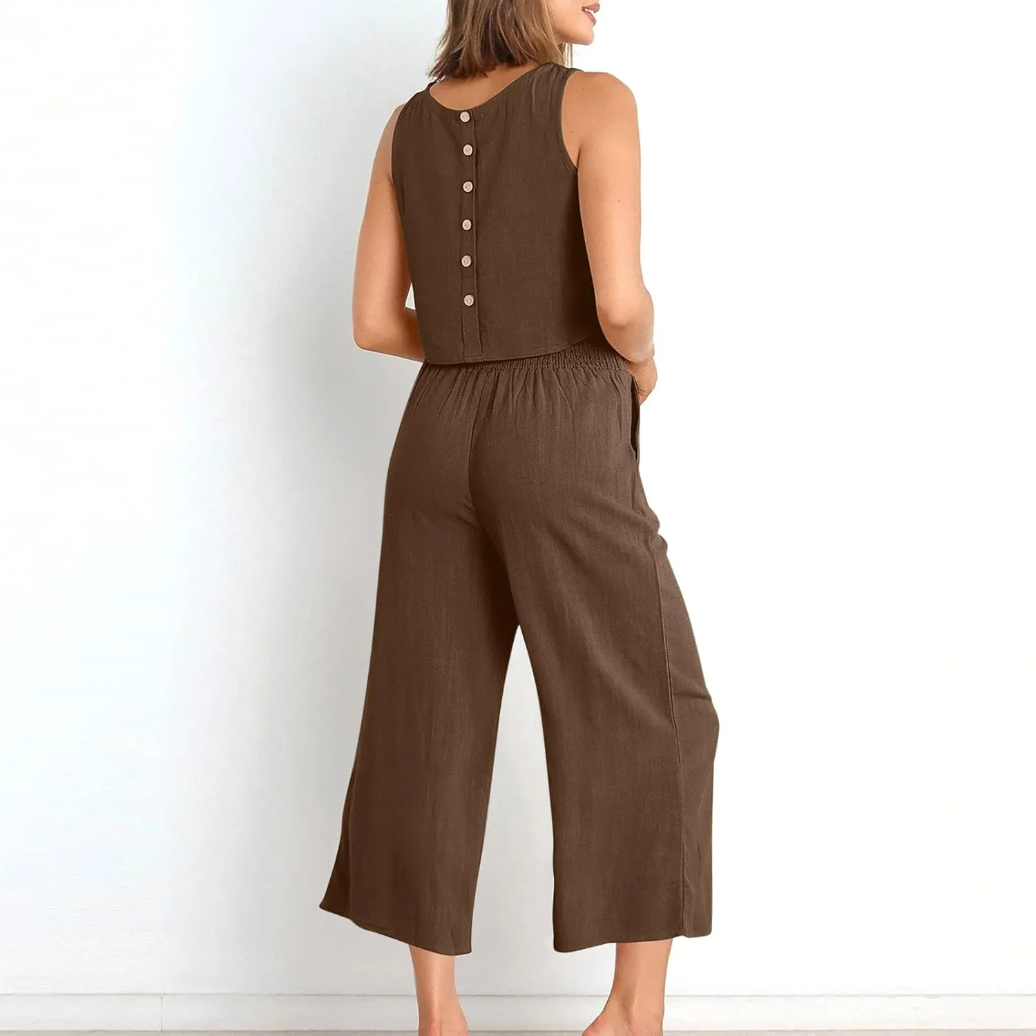 2 Piece Outfits for Women Summer Casual Tanks Cotton Linen Crop Tops w Wide Leg Pants Linen Trousers Fashion Clothes
