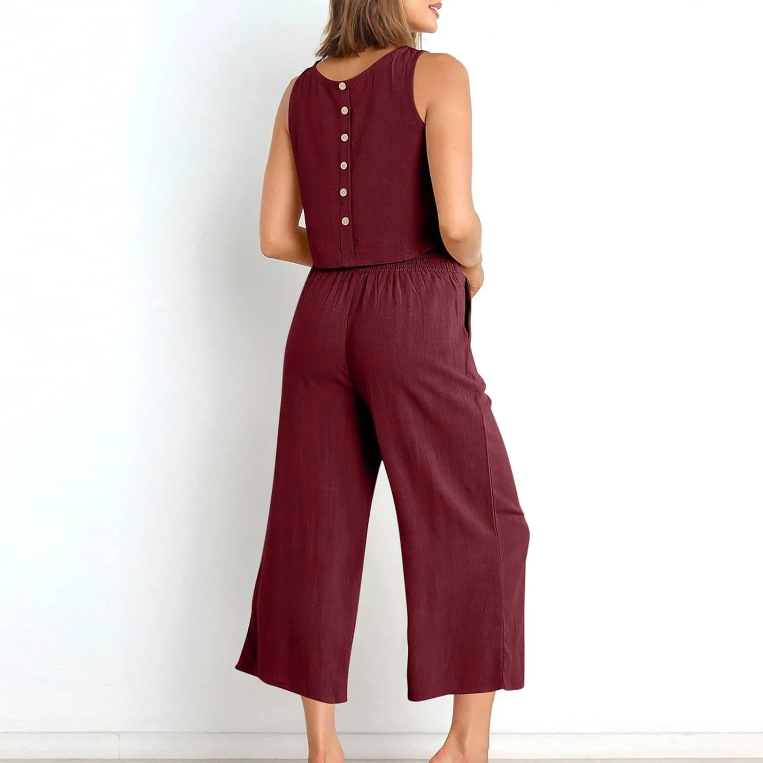 2 Piece Outfits for Women Summer Casual Tanks Cotton Linen Crop Tops w Wide Leg Pants Linen Trousers Fashion Clothes