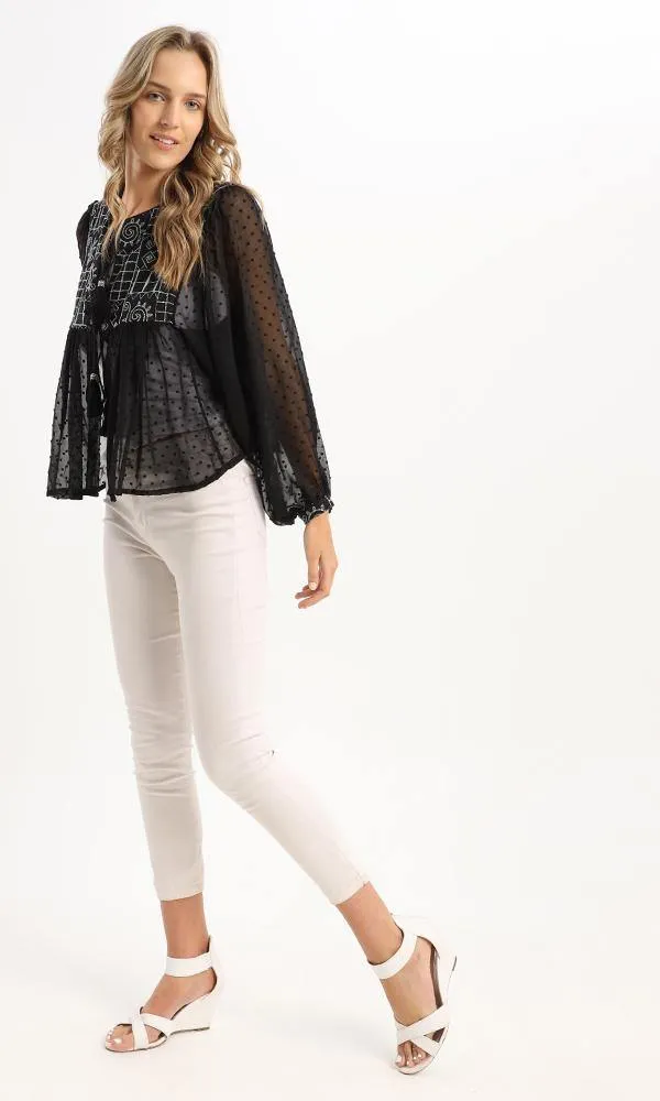 56633 Shiny Stitches With Sheer Sleeves Black Cardigan