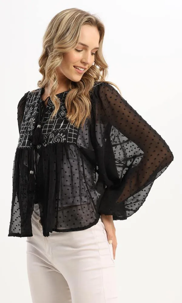 56633 Shiny Stitches With Sheer Sleeves Black Cardigan