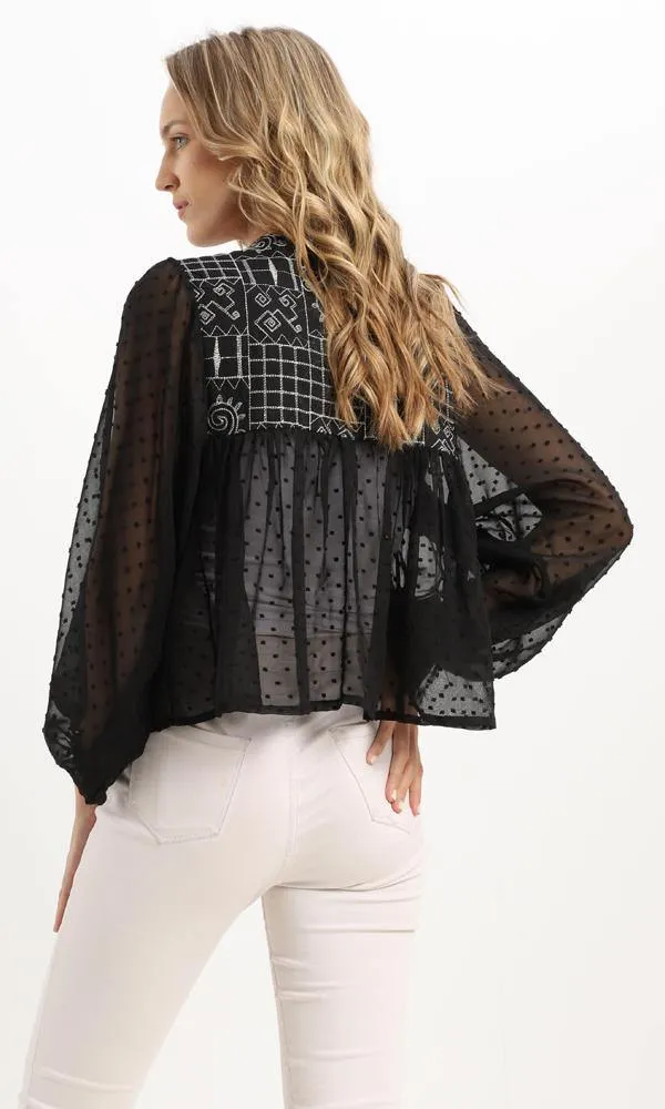 56633 Shiny Stitches With Sheer Sleeves Black Cardigan