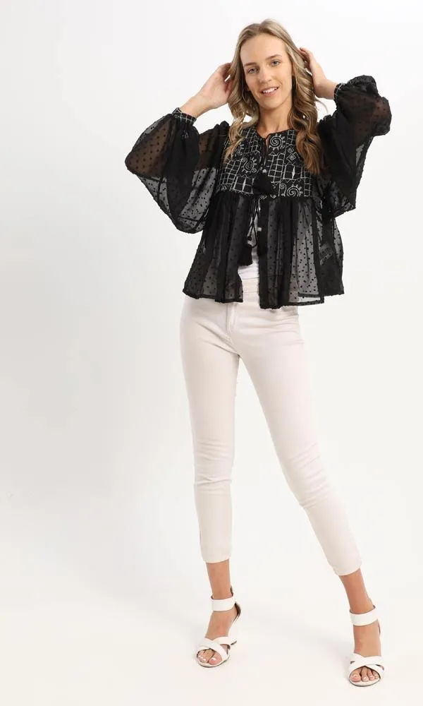 56633 Shiny Stitches With Sheer Sleeves Black Cardigan