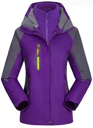 AbelWay Women's Mountain Waterproof Windproof Fleece 3 in 1 Jacket Ski Hooded Rain Coat(Purple,XS)