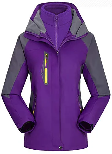 AbelWay Women's Mountain Waterproof Windproof Fleece 3 in 1 Jacket Ski Hooded Rain Coat(Purple,XS)