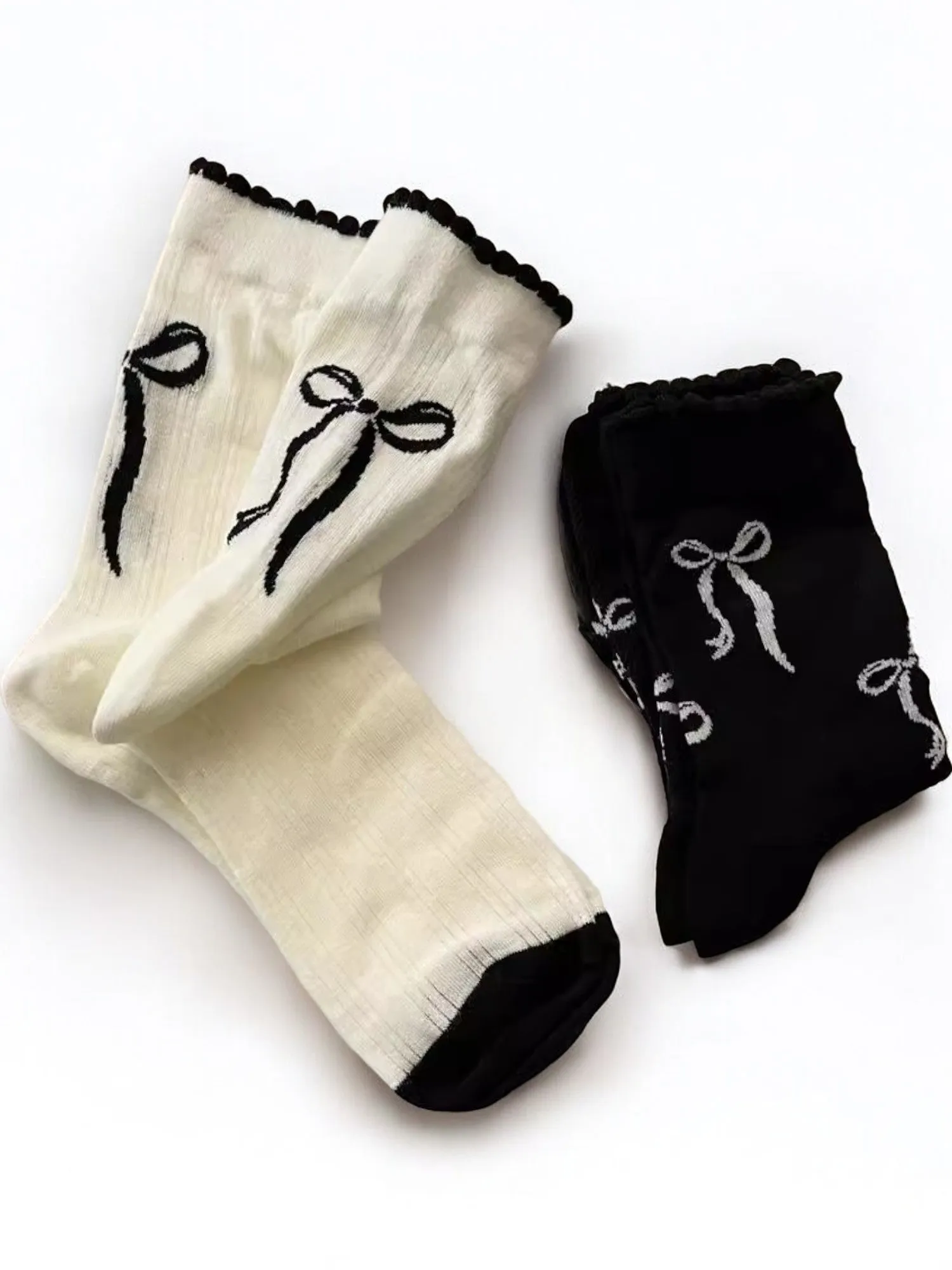 Anna-Kaci Women's Ribbon Bow Ankle Socks with Ruffled Edge Trim