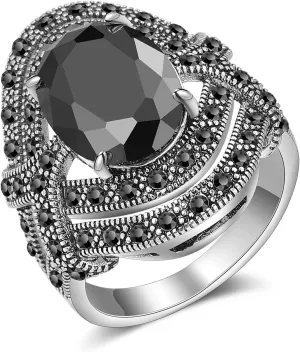 Black Onyx Stone Rings for Women Marcasite Vintage Cocktail Statement Rings Silver Chunky Crystal Antique Retro for victorians Jewelry Gift