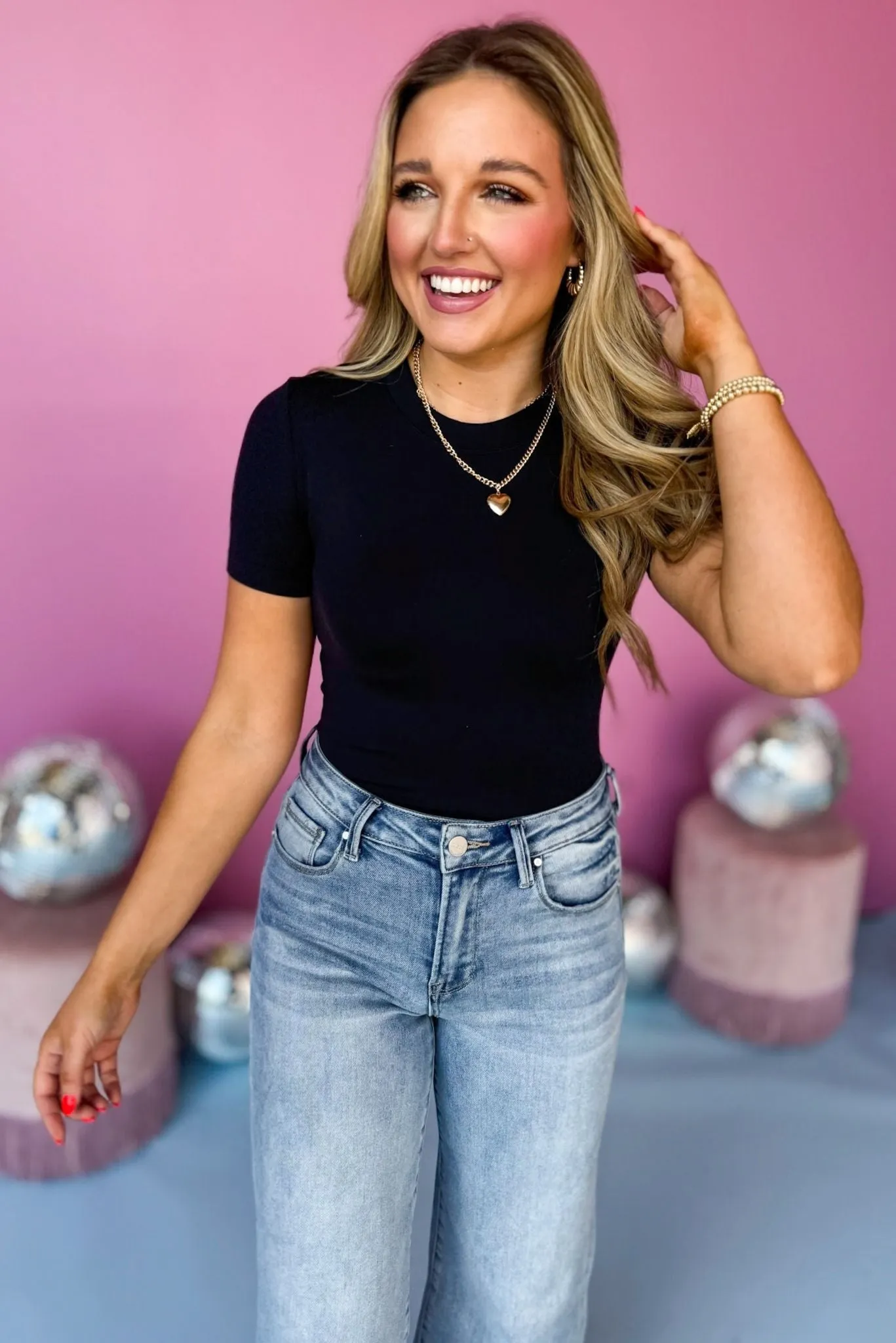 Black Short Sleeve Smooth Crewneck Bodysuit