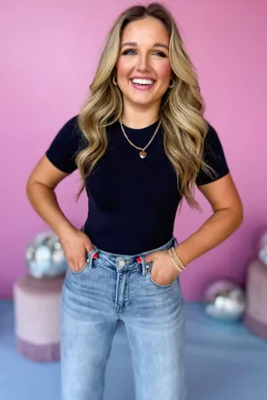 Black Short Sleeve Smooth Crewneck Bodysuit