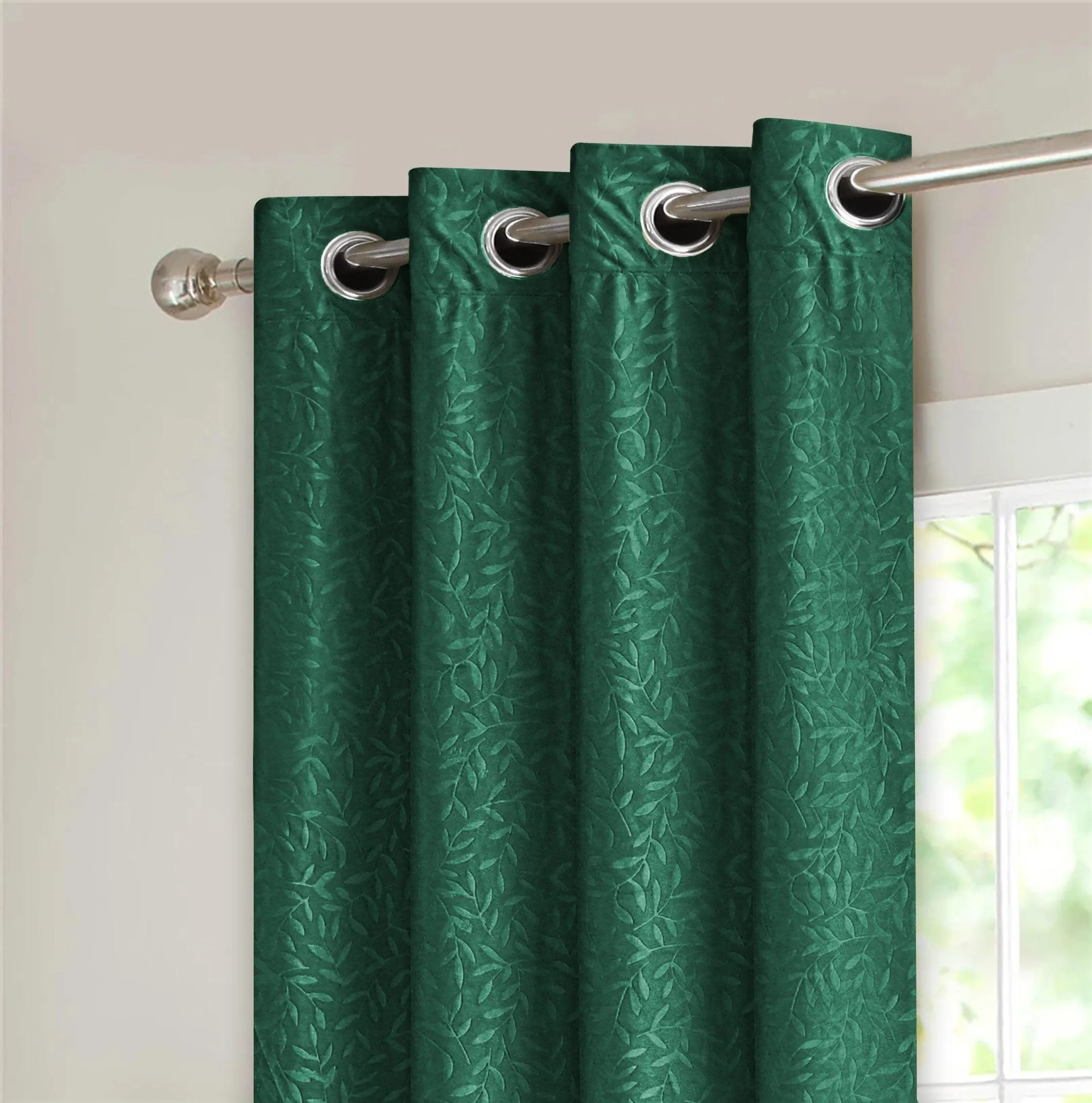 Branched Leaves Embossed Velvet Curtains Green