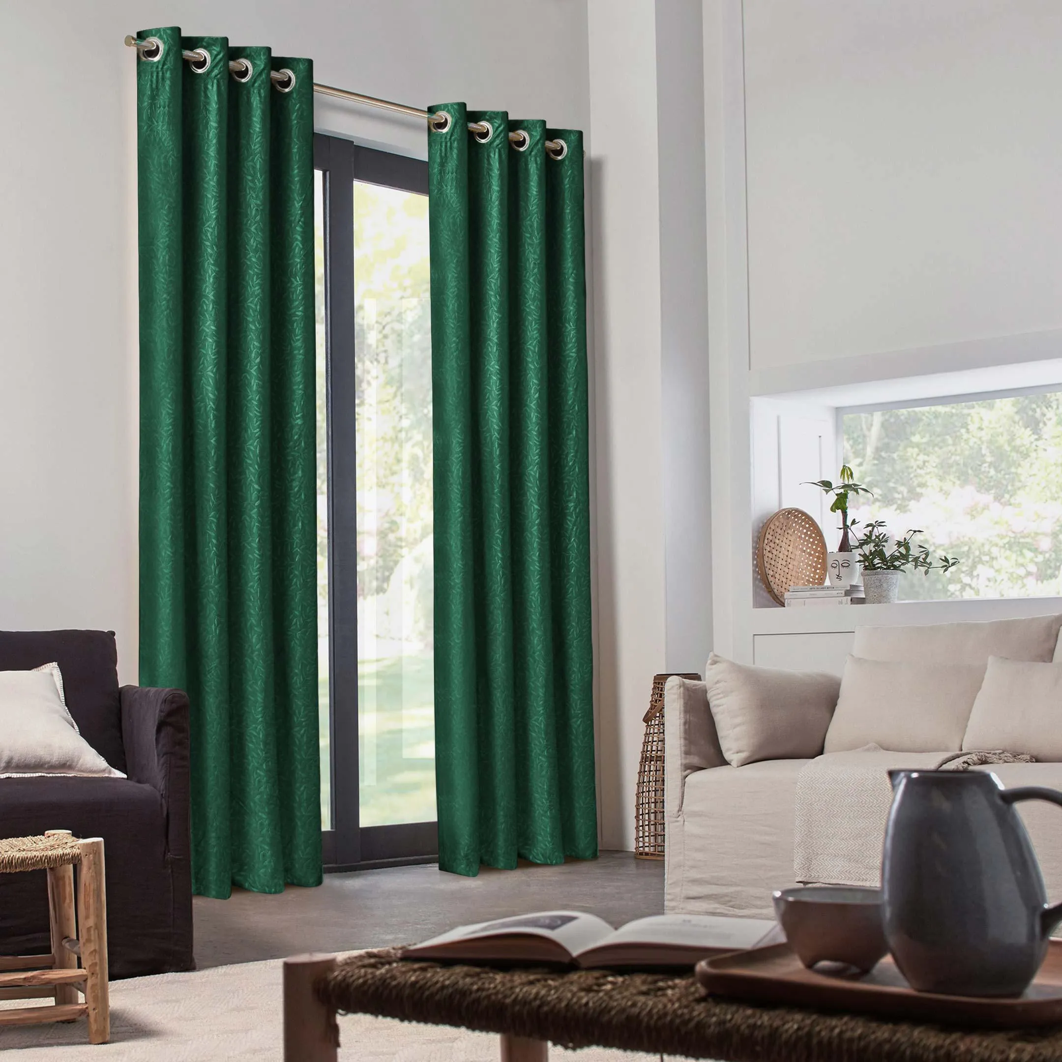 Branched Leaves Embossed Velvet Curtains Green