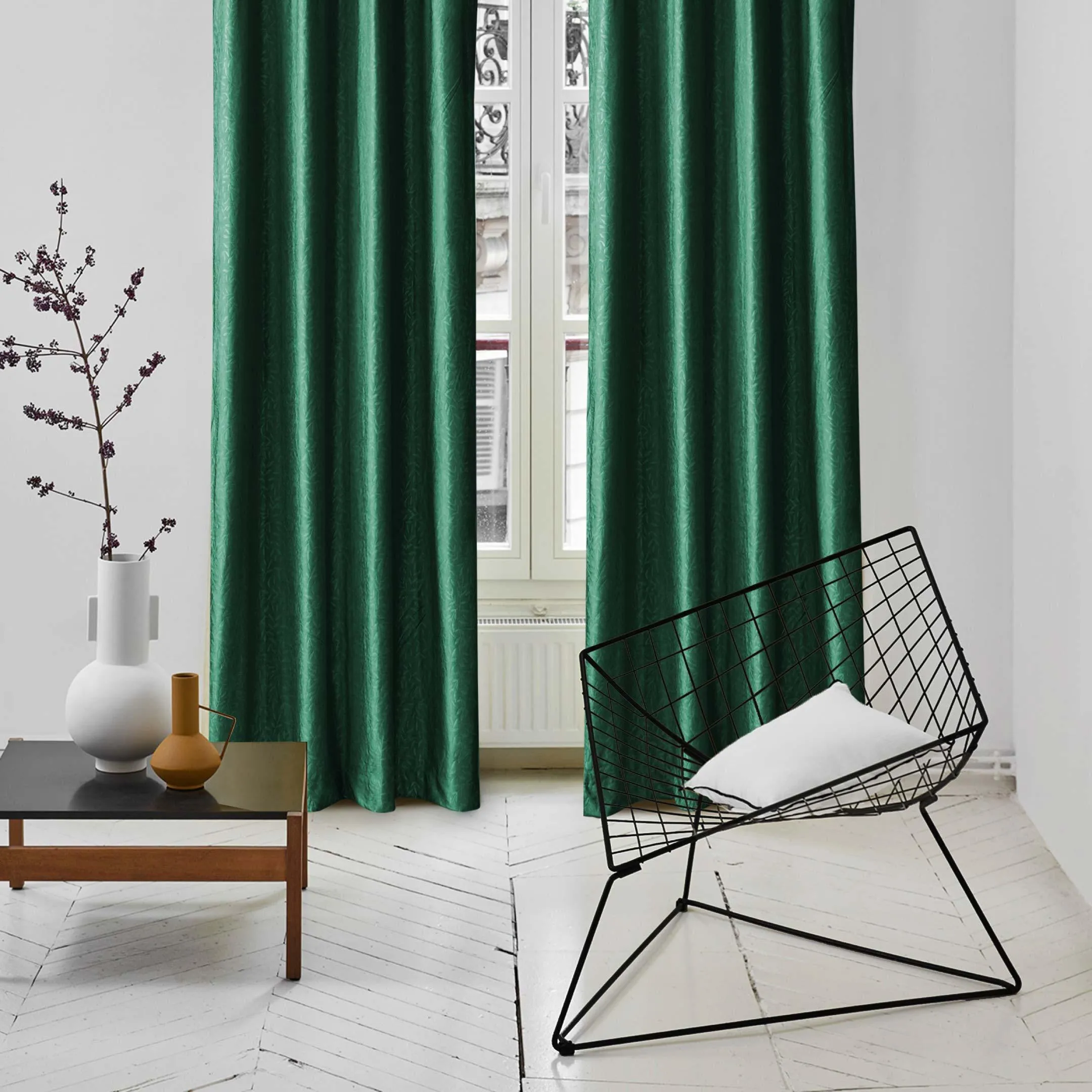 Branched Leaves Embossed Velvet Curtains Green