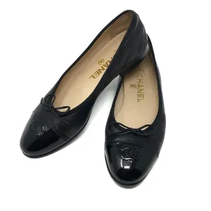 Chanel Black Leather Patent Cap Toe Ballerina Ballet Flats