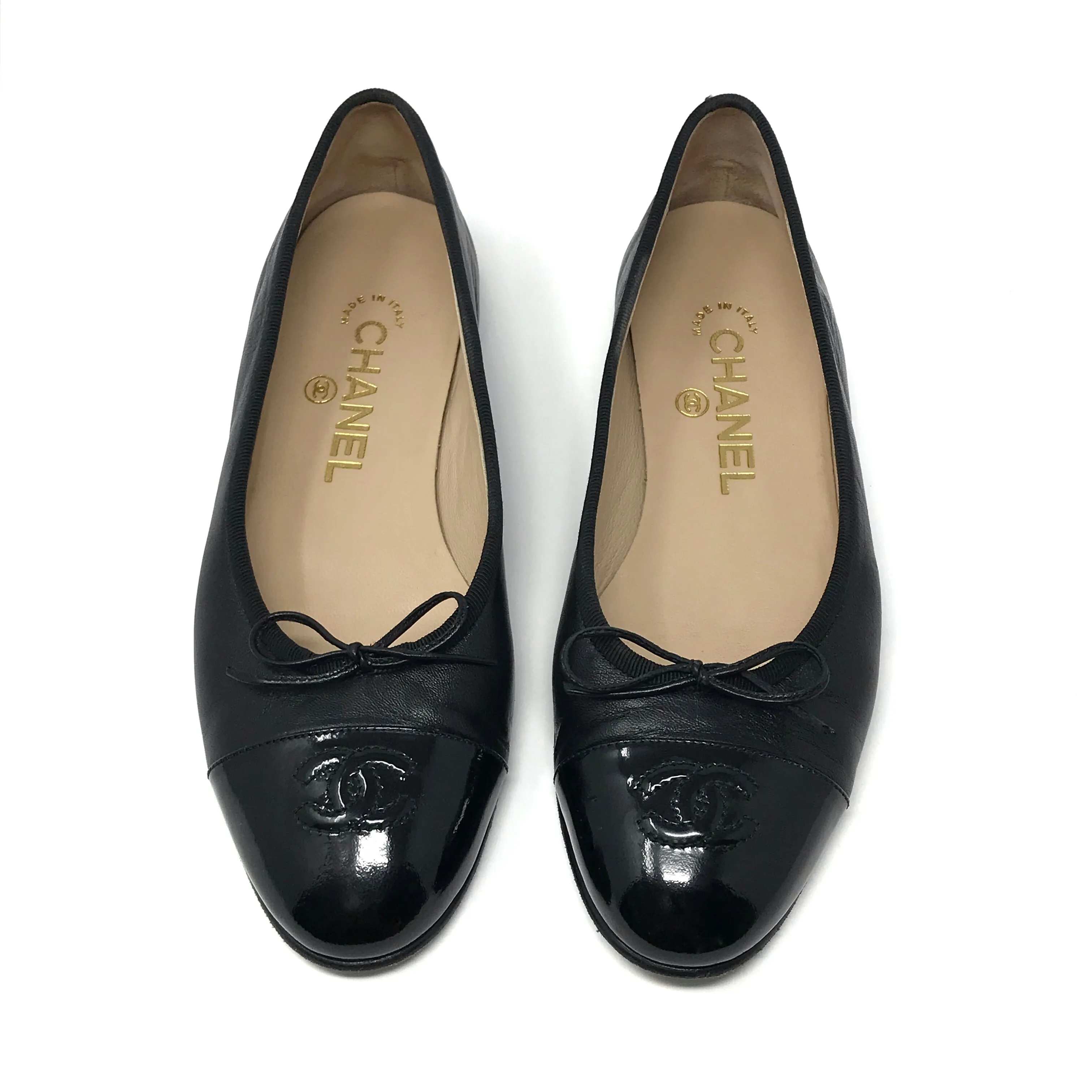 Chanel Black Leather Patent Cap Toe Ballerina Ballet Flats
