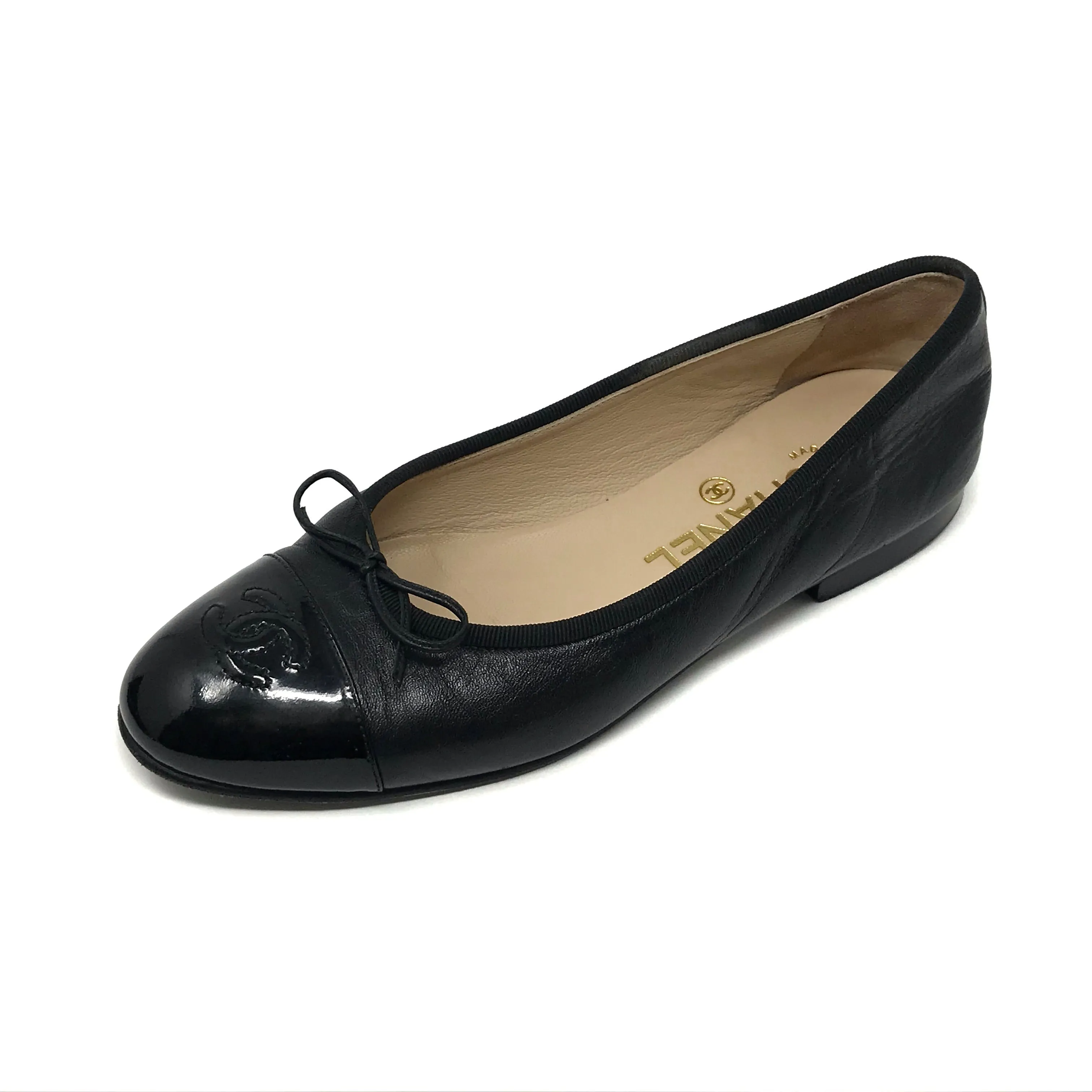 Chanel Black Leather Patent Cap Toe Ballerina Ballet Flats
