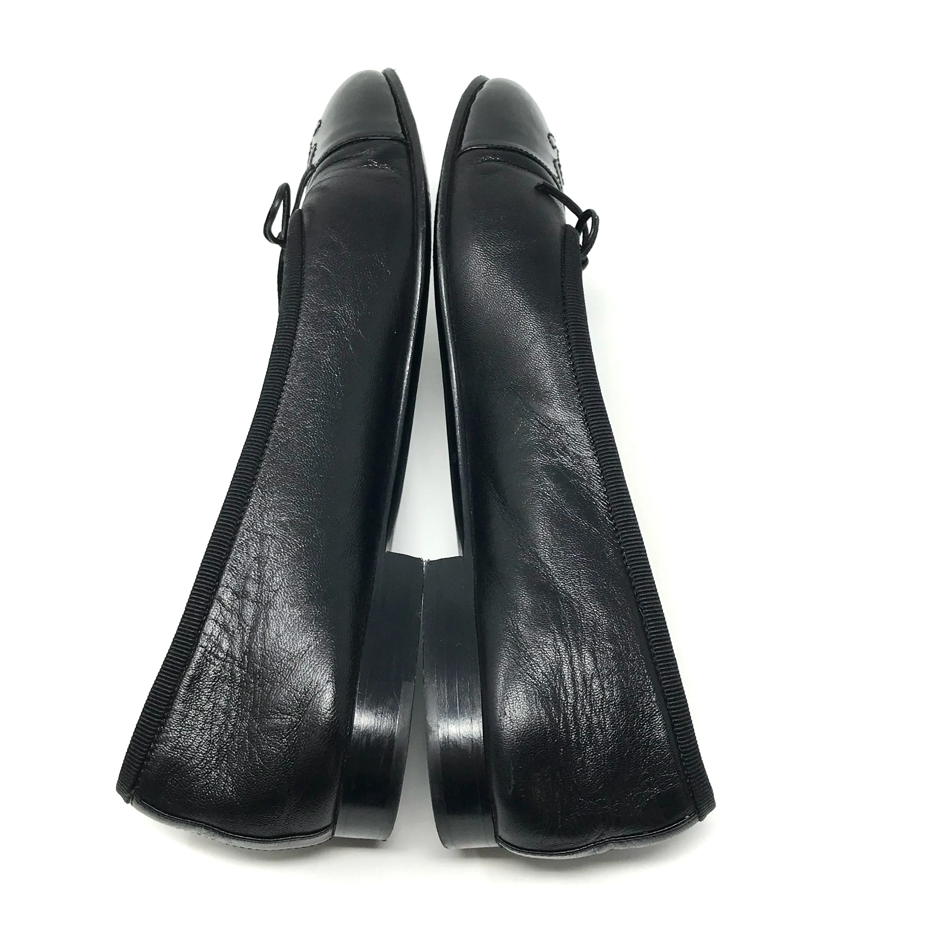 Chanel Black Leather Patent Cap Toe Ballerina Ballet Flats