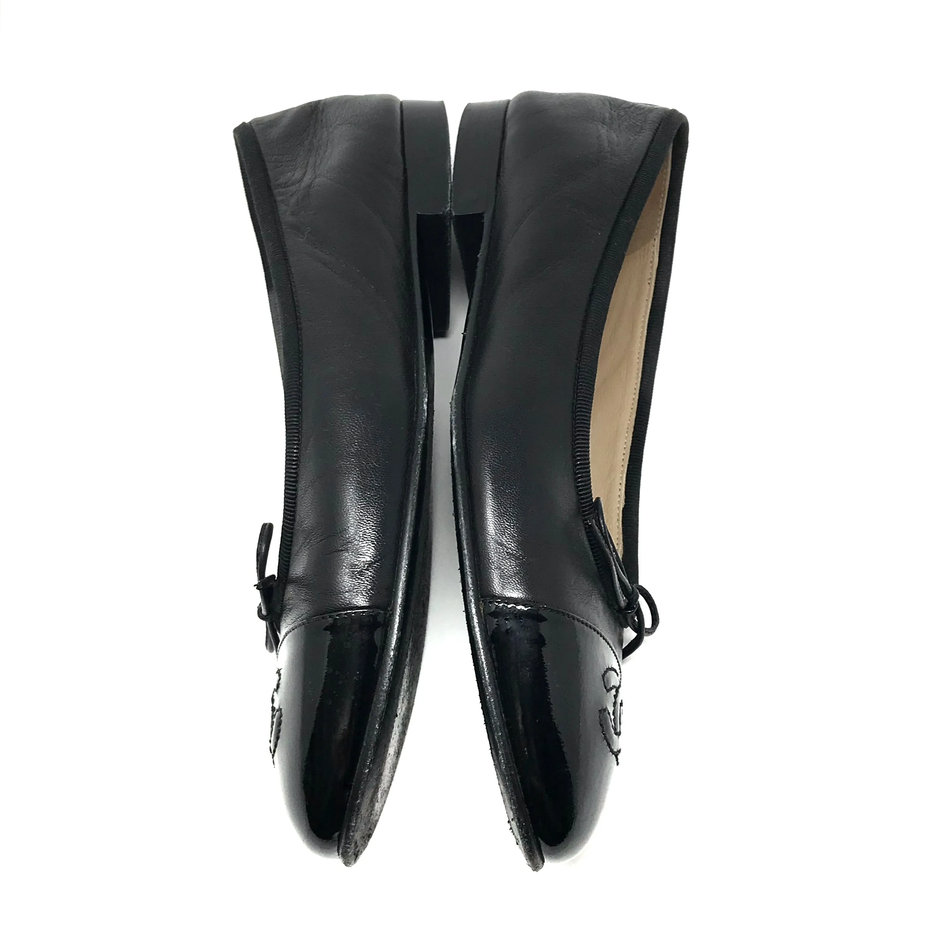 Chanel Black Leather Patent Cap Toe Ballerina Ballet Flats