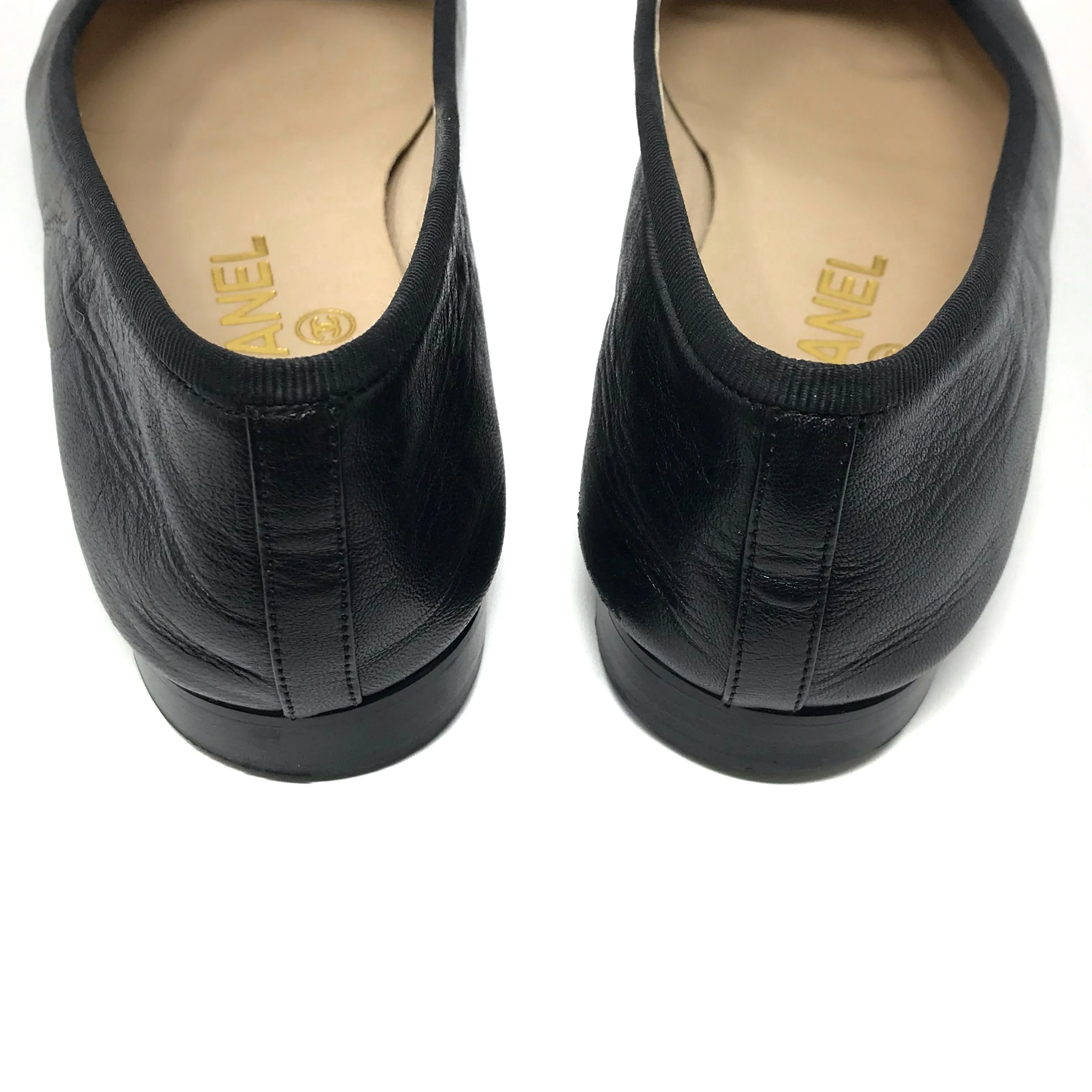 Chanel Black Leather Patent Cap Toe Ballerina Ballet Flats