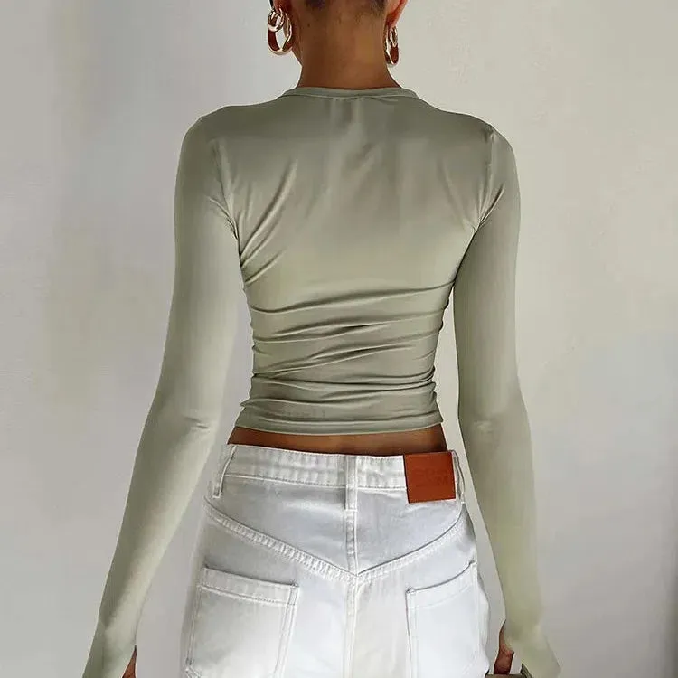 Chic Long Sleeve Women’s Crop Top with Thumb Holes - Slim Fit Casual Tee for Effortless Summer Style