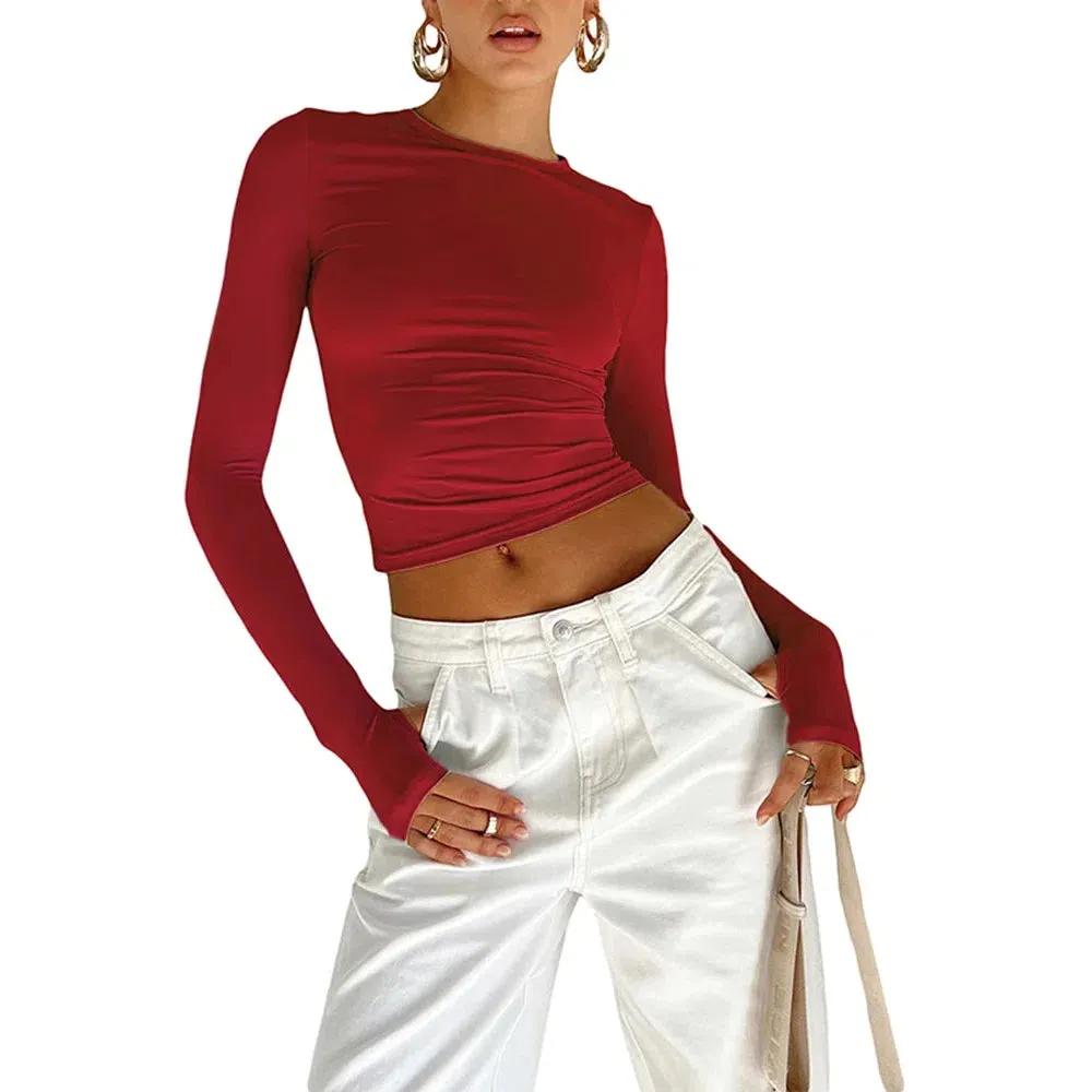 Chic Long Sleeve Women’s Crop Top with Thumb Holes - Slim Fit Casual Tee for Effortless Summer Style