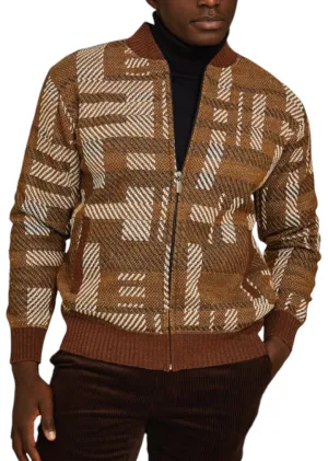 Cognac Brown Plaid Men's INSERCH Geometric Baseball Zipper Jacket Style No: SW609