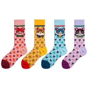 Colourful 4 Pairs Cat Face Novelty Socks – Fun and Quirky Animal Print Crew Socks for Women