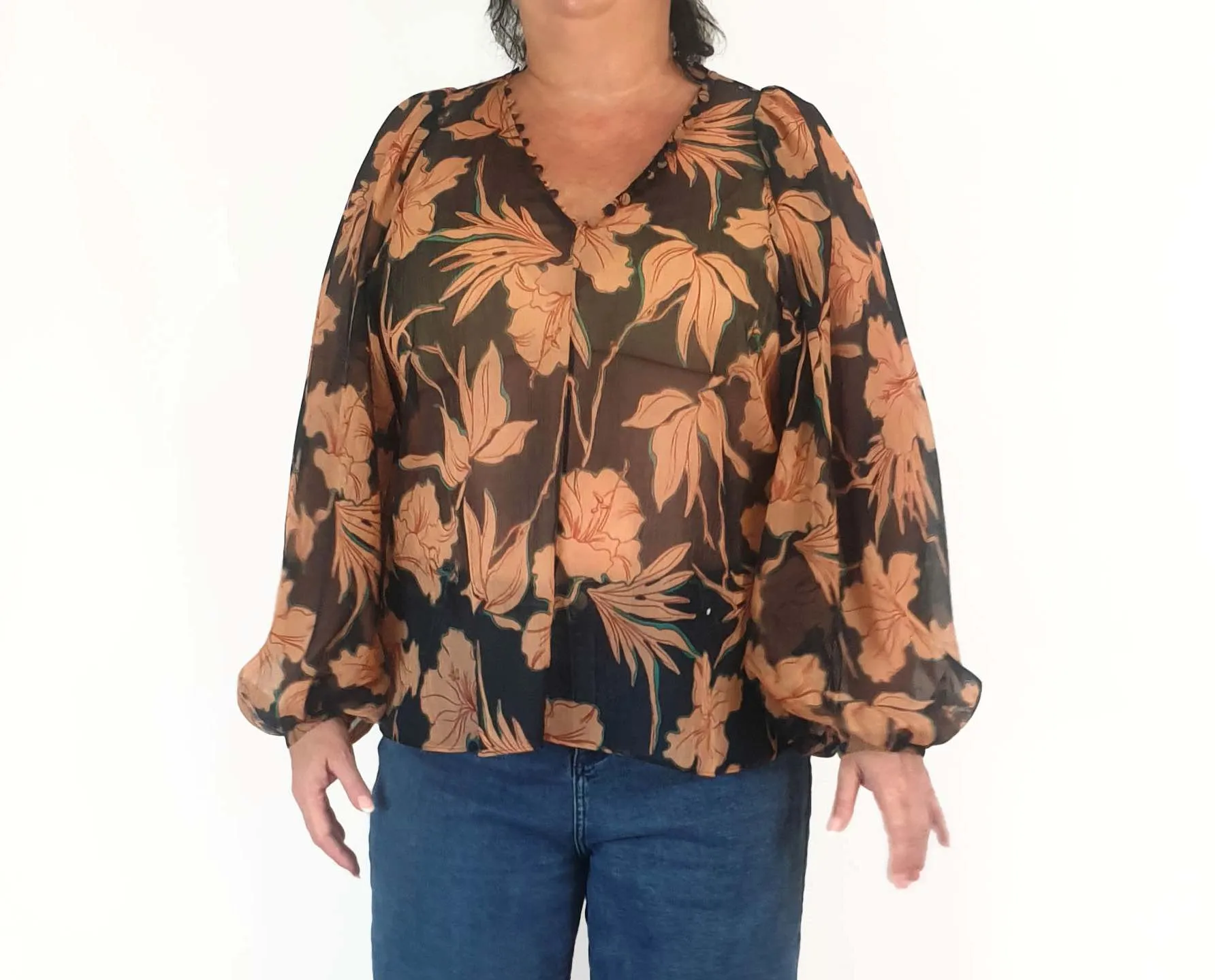 Country Road floral semi-sheer long sleeve top size 16