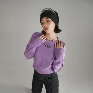 Distressed Logo Solid Crop Knit Sweater
