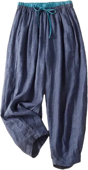 Dndrdhfb Women's Cotton Wide Leg Pants Solid Color Elastic Waist Harem Pants Loose Pants