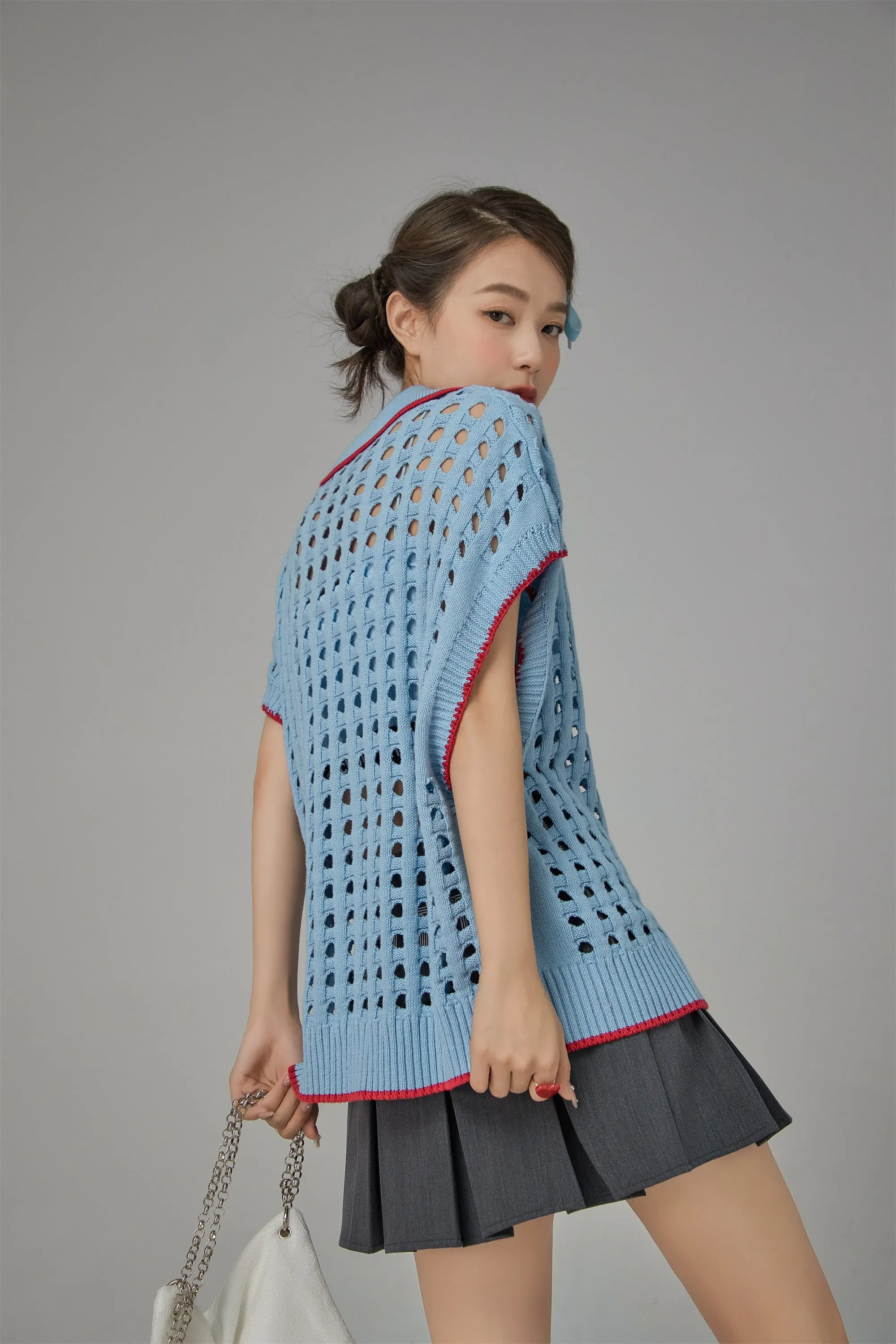 Ex-Varsity Girl Crochet Vest Sweater