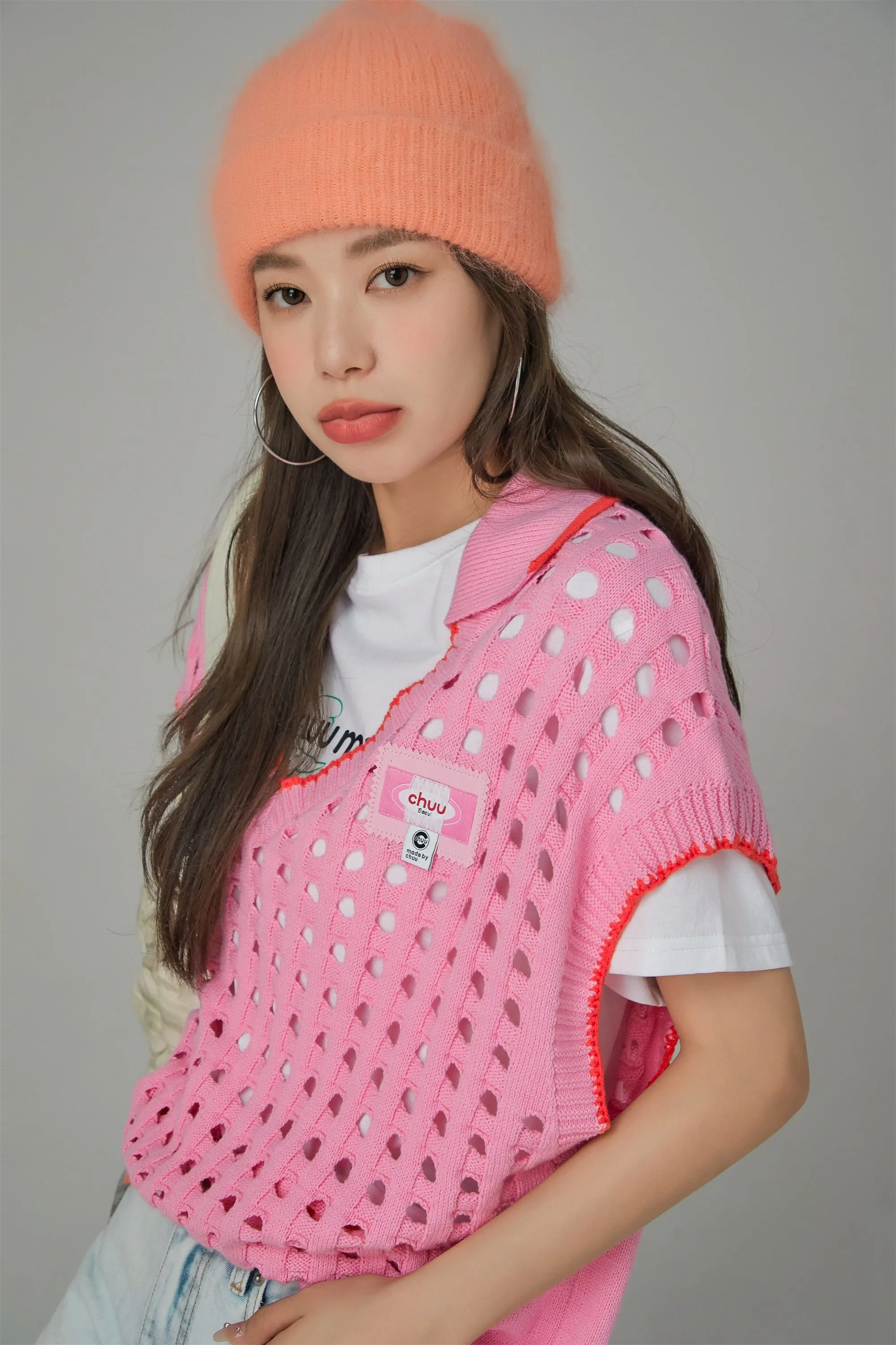 Ex-Varsity Girl Crochet Vest Sweater