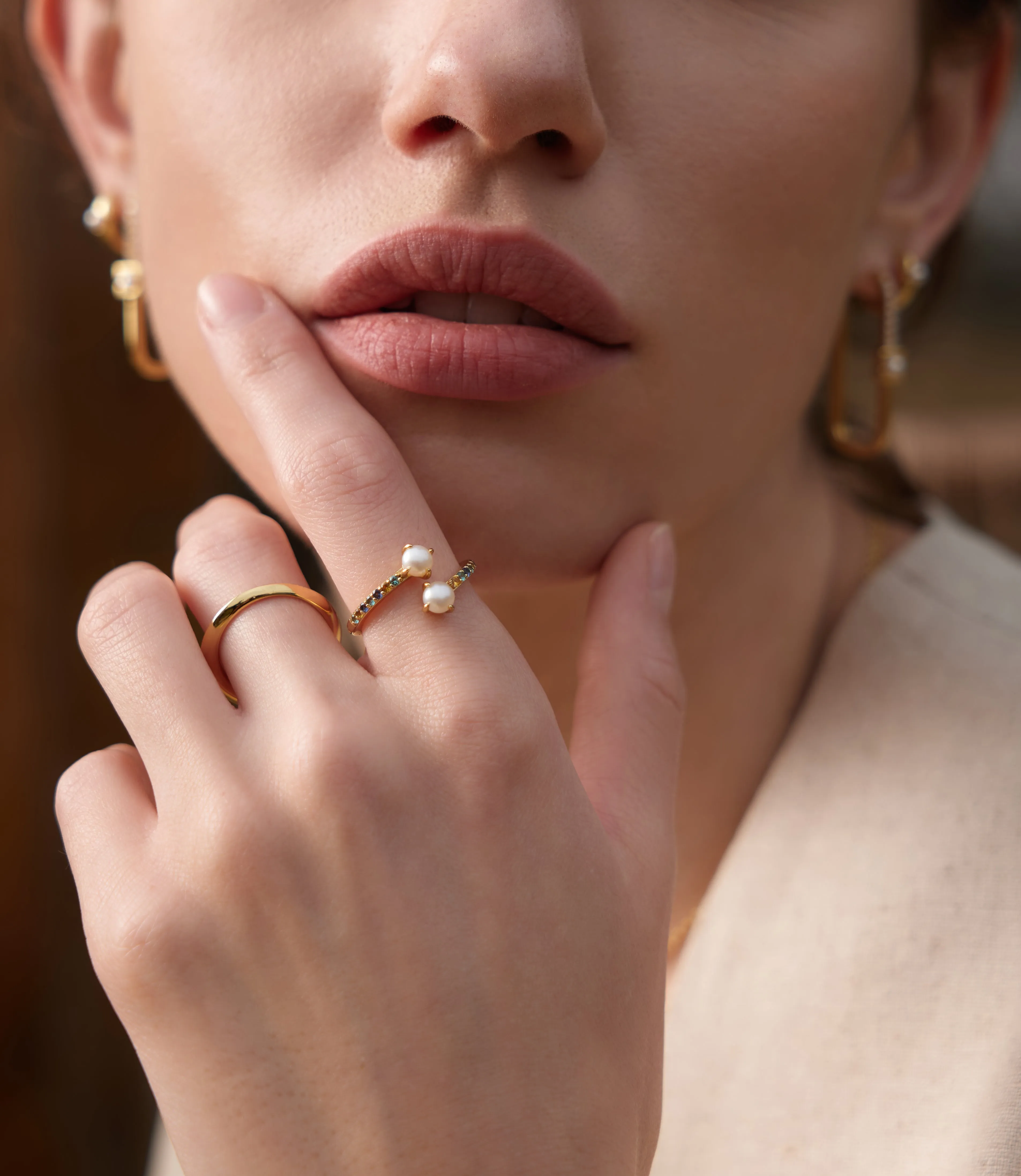 Gold Gem Pearl Adjustable Wrap Ring
