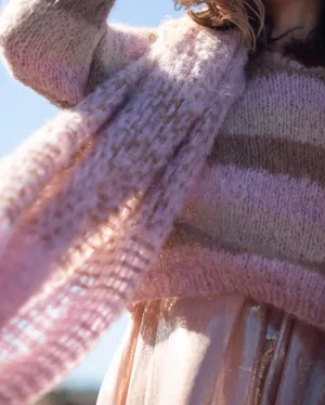 Hand knit batwing V neck sweater (Alpaca) - Pink stripe