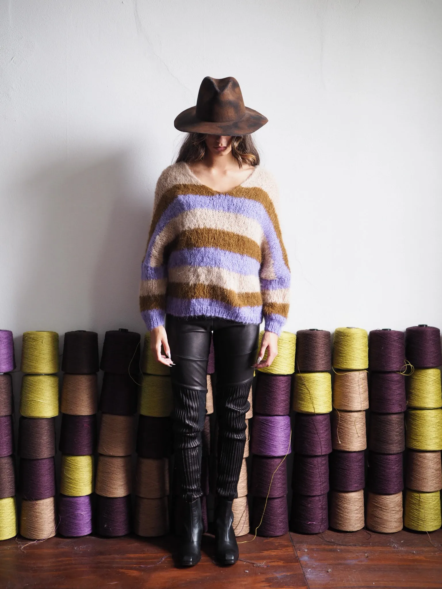 Hand knit batwing V neck sweater (Alpaca) - Pink stripe