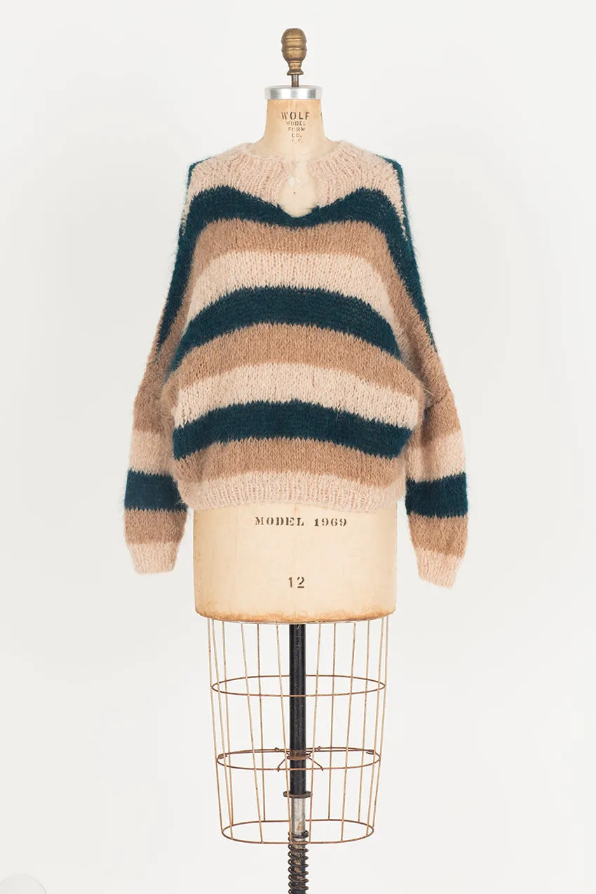 Hand knit batwing V neck sweater (Alpaca) - Pink stripe