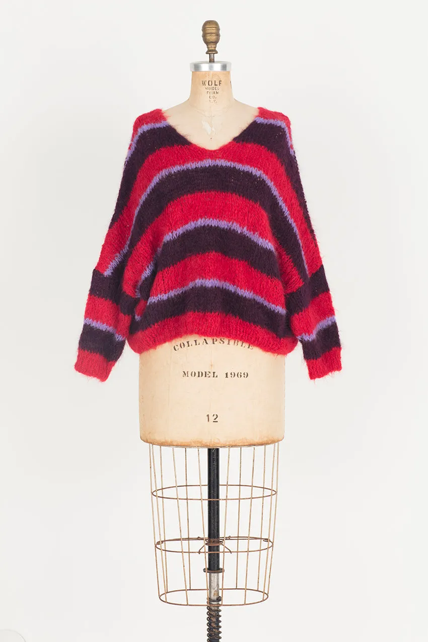 Hand knit batwing V neck sweater (Alpaca) - Pink stripe