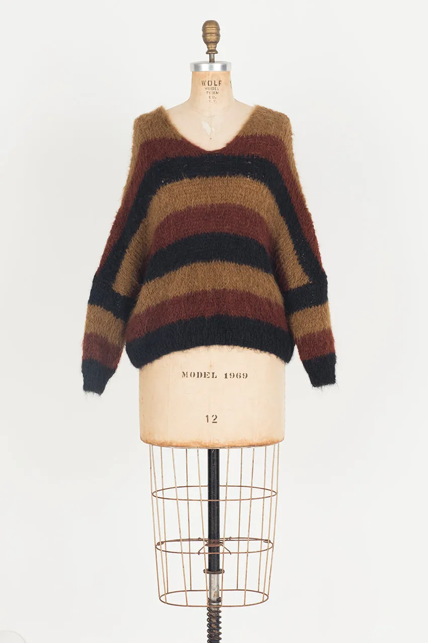 Hand knit batwing V neck sweater (Alpaca) - Pink stripe