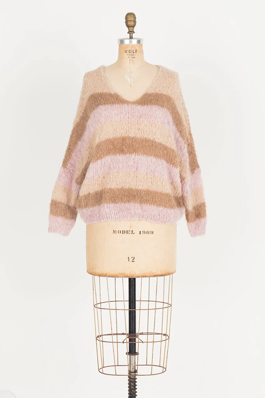 Hand knit batwing V neck sweater (Alpaca) - Pink stripe